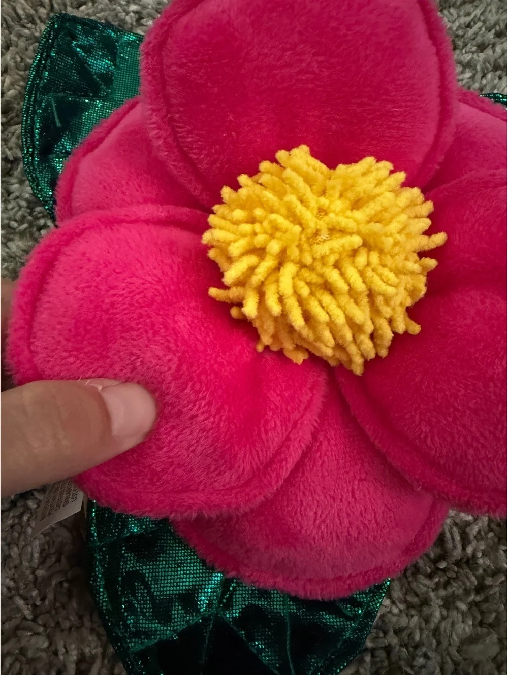 Woof & Whiskers Plush Pink Flower Dog Toy with Green Leaves Crinkle Squeak S/M